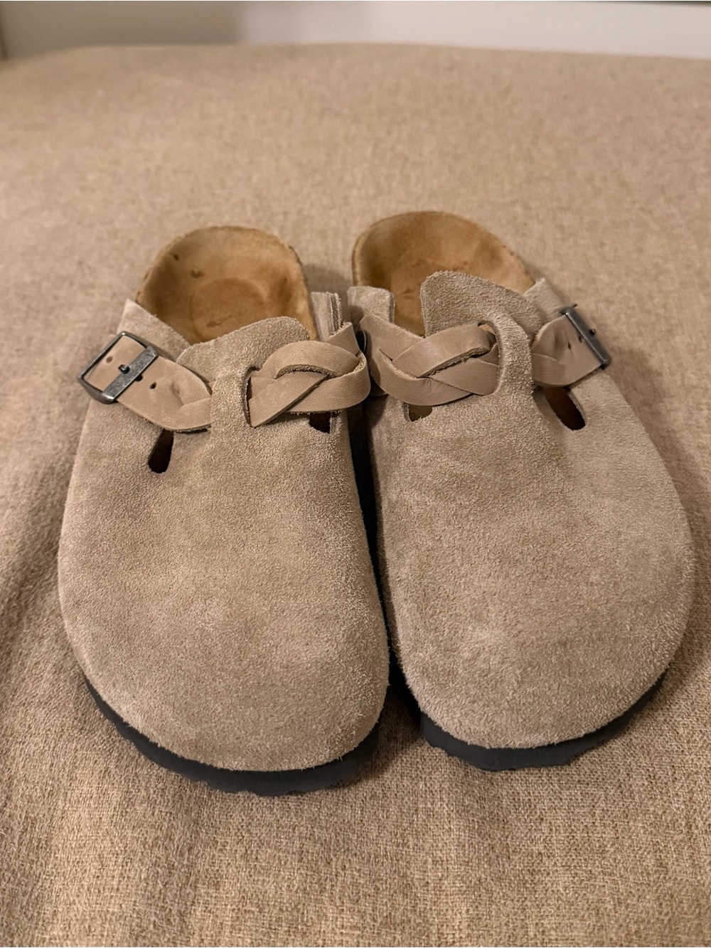 Birkenstock Boston Braided Clogs in Taupe Suede Sz. 38-Excellent Condition